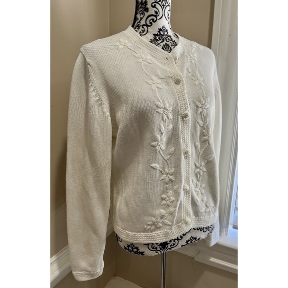 Vtg Lands' End Cotton Floral Embroidered Cardigan Sz S Ivory Classic Cottage - Picture 6 of 12